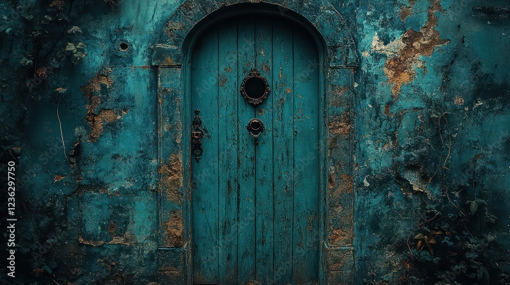 Teal door, weathered wall, overgrown garden, mystery Teal door, weathered wall, overgrown garden, mystery