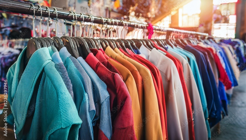 Fototapeta premium close up of colorful clothes in second hand clothing shop charity shop thrift store street market