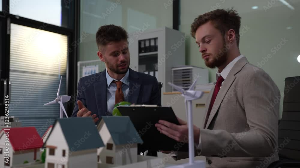 Two colleagues discussing data working and tablet, laptop with on Construction Site project, green energy and solar panel concept. Two colleagues discussing data working and tablet, laptop with on Construction Site project, green energy and solar panel concept.