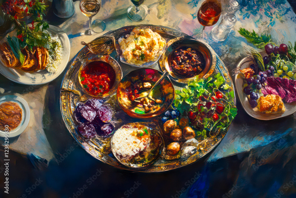 Fototapeta premium Artistic representation of the Passover Seder plate with a modern twist.