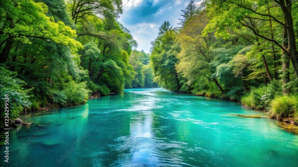Water flows slowly through a peaceful turquoise river surrounded by lush greenery and towering trees in a serene forest setting, water, tranquility Water flows slowly through a peaceful turquoise river surrounded by lush greenery and towering trees in a serene forest setting, water, tranquility