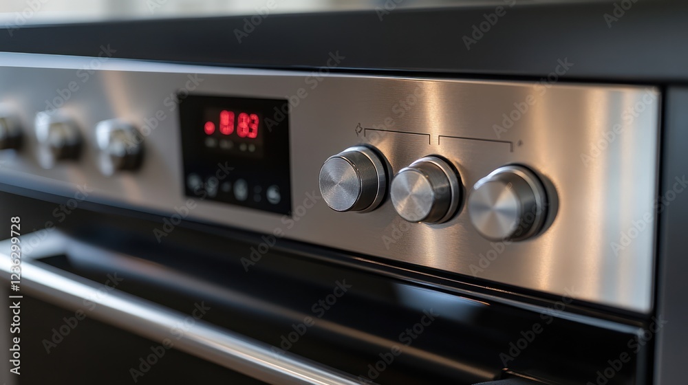 Modern kitchen oven control panel close-up, timer displays 83, stainless steel, sleek design Modern kitchen oven control panel close-up, timer displays 83, stainless steel, sleek design