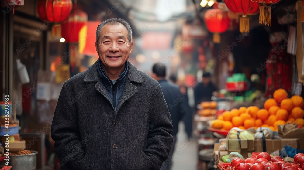 Obraz premium Senior chinese man smiling at an outdoor market stall in china during chinese new year celebrations, with red lanterns and fresh produce51b80