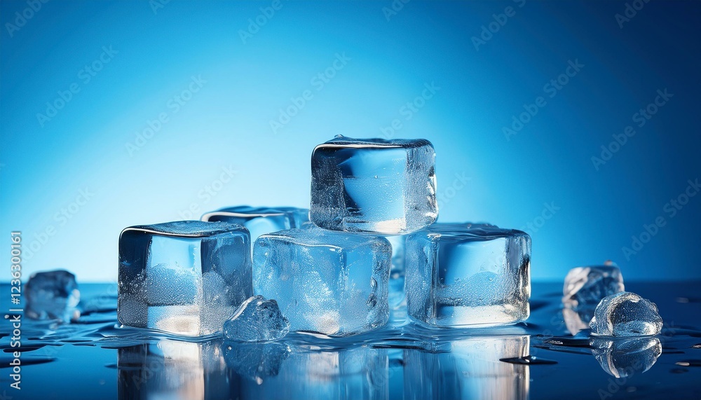 shiny ice cubes on bright blue background reflecting light cooling concept shiny ice cubes on bright blue background reflecting light cooling concept