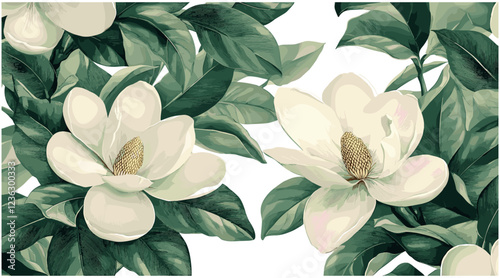 2010s Magnolia illustrated in a vintage engraving style, with delicate soft white petals and rich green leaves, exuding timeless elegance