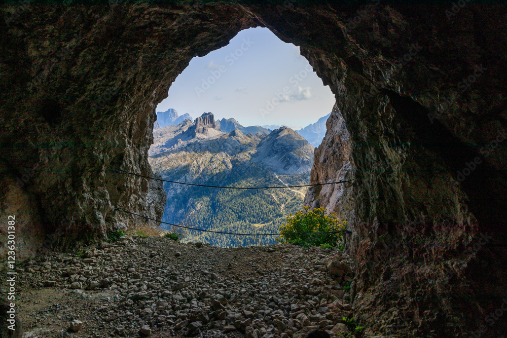 Obraz premium mountain landscape with blue sky lagazuoi dolomites world war one ruins tunnel