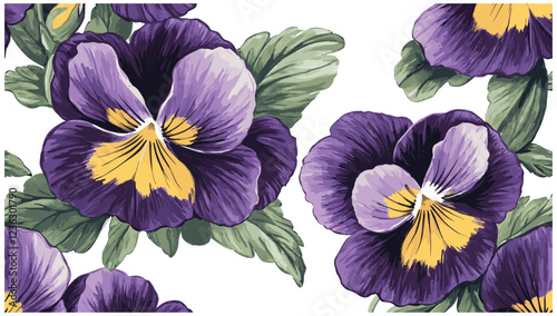 A stunning display of vibrant purple and yellow pansy blooms, complemented by green foliage, all sketched in a vintage style that radiates old-world charm, bringing nostalgic beauty into any space.