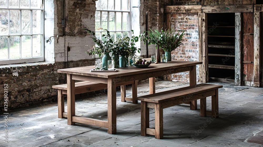 Obraz premium Rustic wooden dining table set in industrial loft