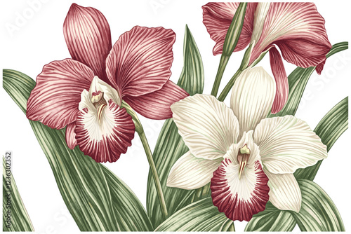 Engraved illustration of 2025 Orchid flowers in deep pink and white, surrounded by fine details and green leaves in an intricate style