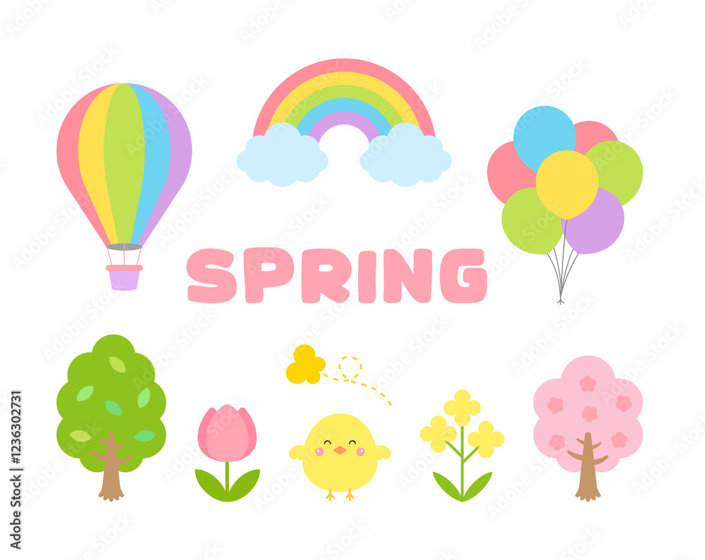 Naklejka premium A set of illustrations with a spring concept. Cherry blossoms, flowers, rainbows, balloons, hot air balloons, chicks, rape blossoms, butterflies, trees, tulips.
