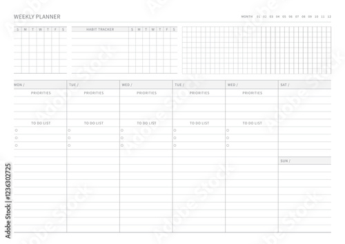 A weekly plan design template in a modern, simple, and minimalist style. Note, scheduler, diary, calendar, planner document template illustration.