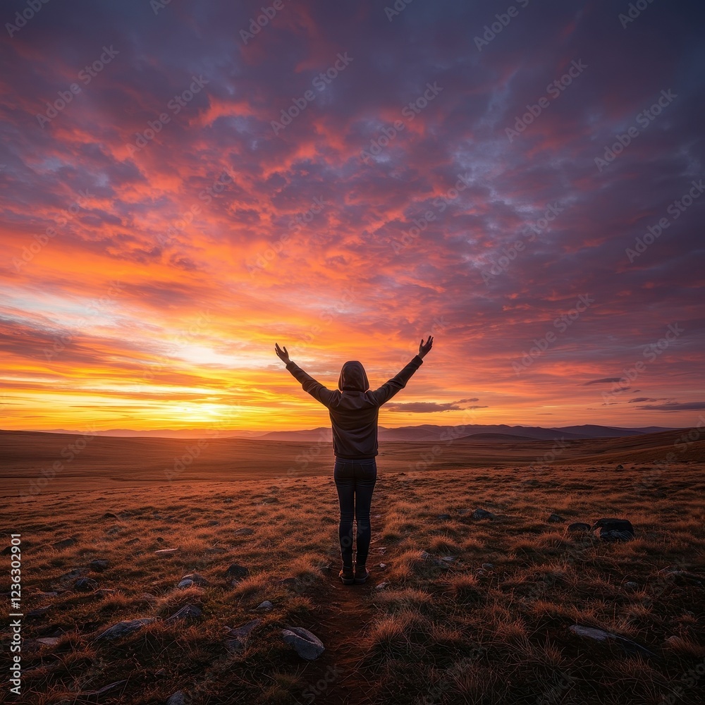 Fototapeta premium Inspiring Photograph of a Person Embracing a Vibrant Sunset in Open Landscape with Dramatic Sky