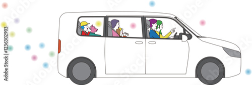 楽しくドライブするミニバンの三世代家族の横顔イメージイラスト