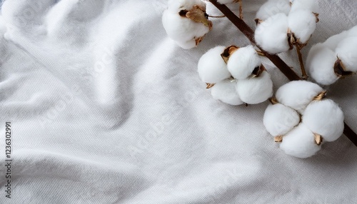 cotton flower on white cotton fabric cloth backgrounds with copy space
