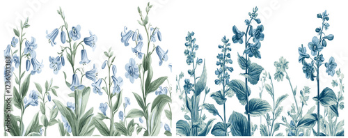 Vintage sketchy engraving style of Bluebell flowers in soft blue, surrounded by lush green foliage, inspired by the 2030s look