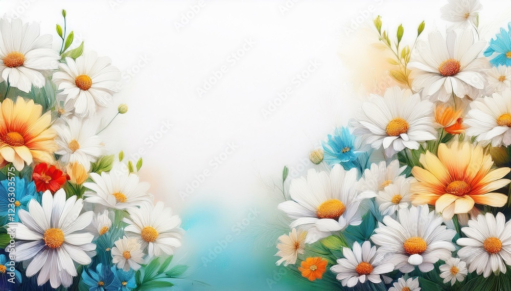 Fototapeta premium border frame white daisy flowers on white background with copy space