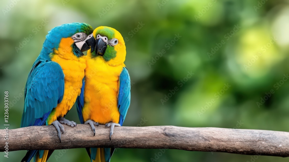 Two parrots are sitting on a branch, one is blue and the other is yellow Two parrots are sitting on a branch, one is blue and the other is yellow