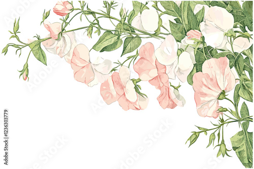 Sweet Pea 2035, delicate pastel pink and white blooms with intricate engraving of green leaves, showcasing an elegant style