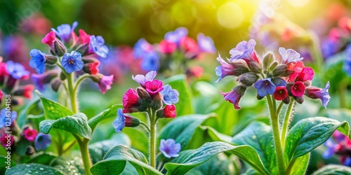 Lungwort (Pulmonaria) Blooming in Spring Garden - Copy Space photo