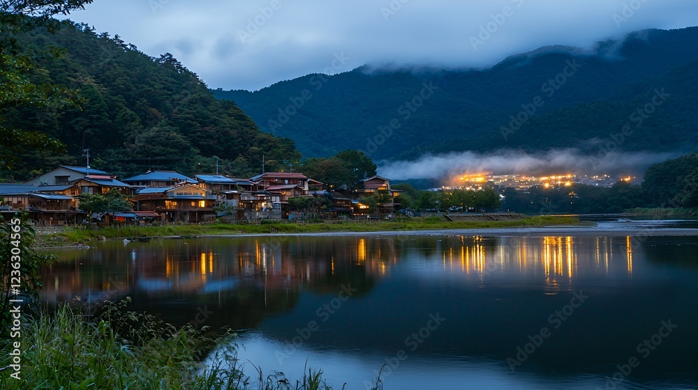 Fototapeta premium Twilight mountain village riverside reflection, misty hills
