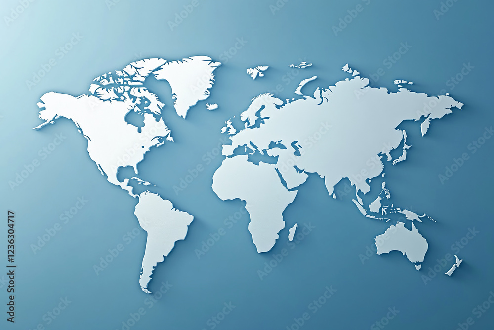 Fototapeta premium A white world map cutout on a light blue background, showcasing continents and countries with a clean and minimalist design.
