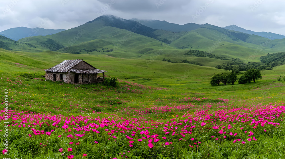 Lonely mountain house amidst wildflowers Lonely mountain house amidst wildflowers