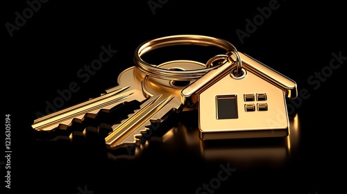 Golden house keys on black background; new home purchase concept