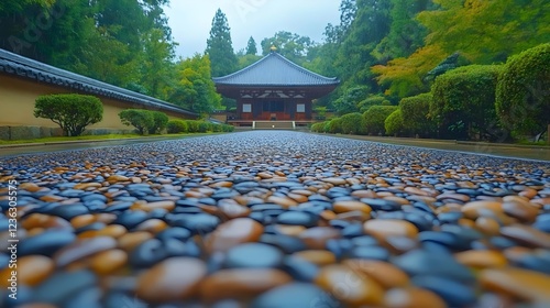 A stone path with a stone building in the background photo