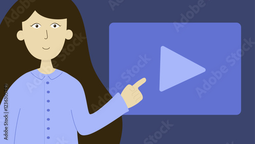 Illustration of a woman with long dark hair pointing at a large play button