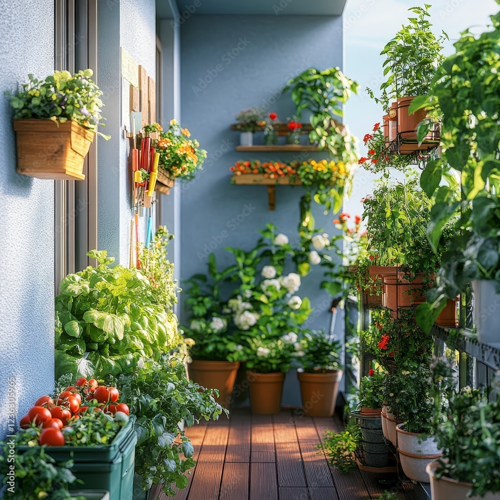 Naklejka premium Lush Balcony Garden with Colorful Plants and Vegetables in Pots