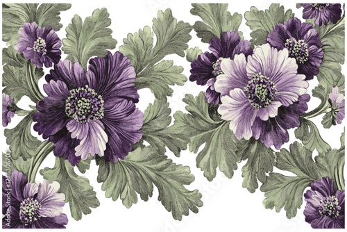 With muted purples and greens, 2055 Cineraria is brought to life through a vintage engraving style, capturing the essence of old-world charm in every delicate line.