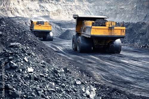 Two large yellow dump trucks transporting coal in an open pit coal mine, emphasizing the industrial processes and heavy machinery involved in coal extraction and resource management photo