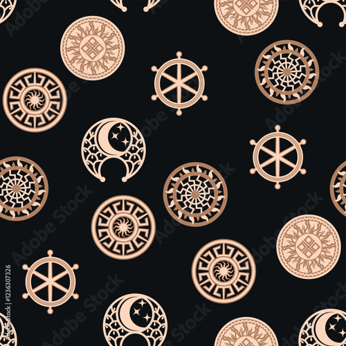 Seamless pattern ancient Slavic symbols. Star of the arkgamma, kolovrat, trixel, valknut, celtic cross and other Slavic symbol, decorated with ornament in a wreath of Scandinavian weaving