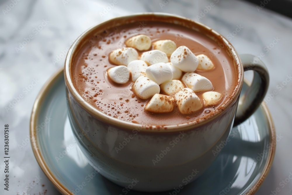 Delicious cup of hot chocolate topped with marshmallows and a sprinkle of cinnamon sits on a saucer, ready to be enjoyed Delicious cup of hot chocolate topped with marshmallows and a sprinkle of cinnamon sits on a saucer, ready to be enjoyed