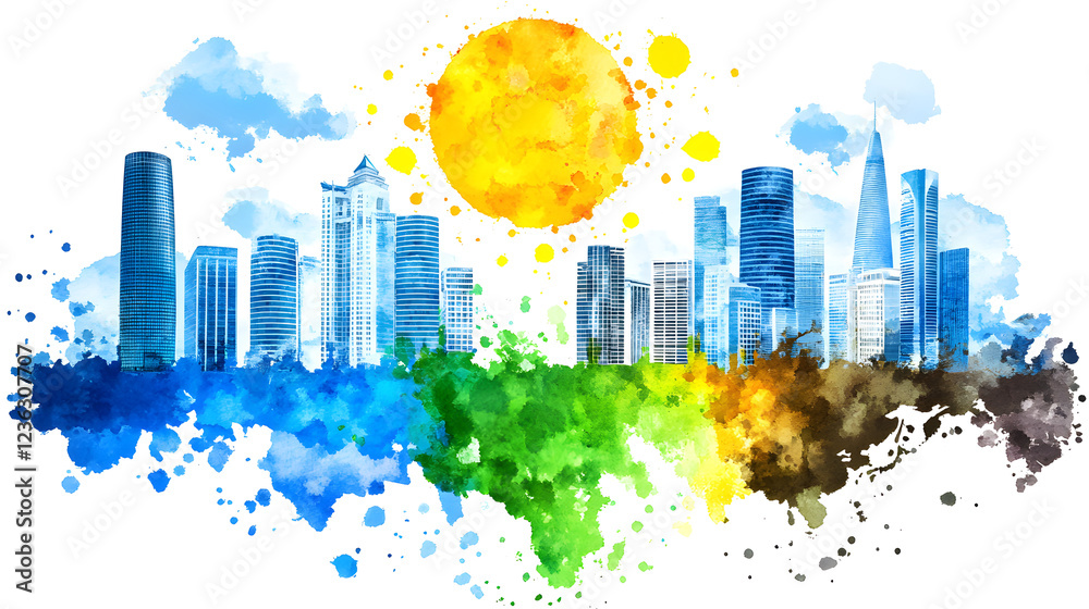 Obraz premium Vibrant city skyline watercolor art urban landscape digital illustration bright and colorful aerial view creative design