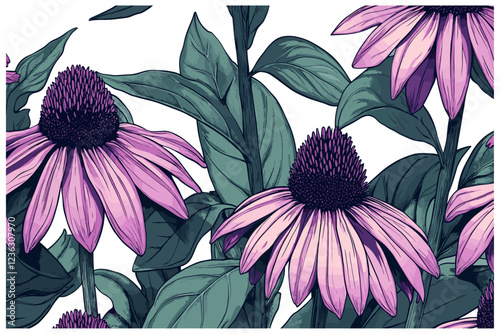 Bold purple blooms of Echinacea with dark green leaves, in a vintage 2060s engraving style, bringing nature's vibrant elegance to life