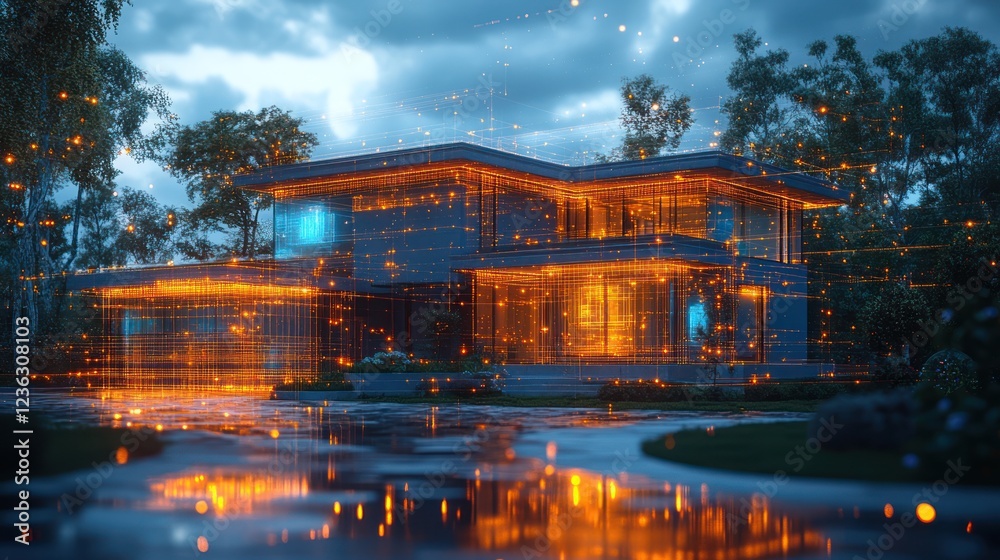 Obraz premium Smart home, night, forest, data streams, security