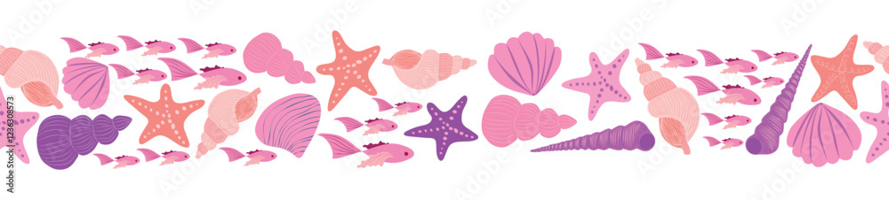 Seamless horizontal banner pattern with shells, bubbles, seaweed, fish, corals and starfish. Marine life on white background Seamless horizontal banner pattern with shells, bubbles, seaweed, fish, corals and starfish. Marine life on white background