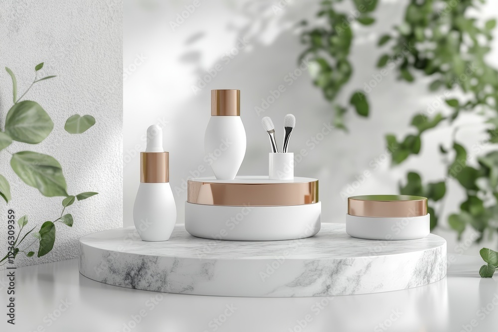 Elegant Display of Skincare Products on a Marble Pedestal Amidst Lush Greenery in a Bright and Serene Setting Elegant Display of Skincare Products on a Marble Pedestal Amidst Lush Greenery in a Bright and Serene Setting