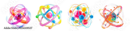 Colorful abstract atom designs representing scientific concepts.