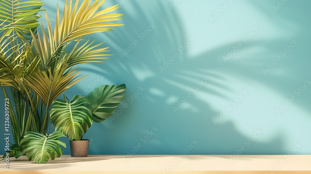 Fototapeta premium Tropical Plants Against a Teal Wall Background