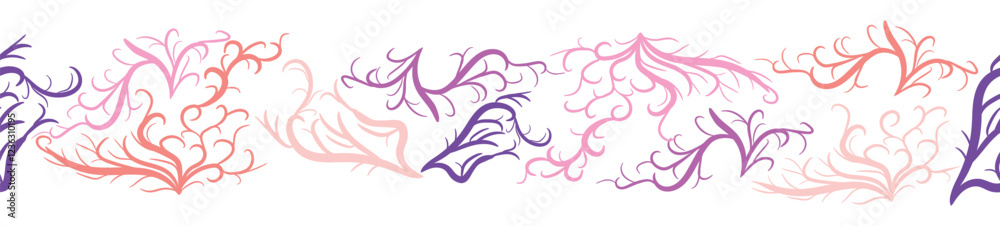Seamless horizontal banner pattern with shells, bubbles, seaweed, fish, corals and starfish. Marine life on white background Seamless horizontal banner pattern with shells, bubbles, seaweed, fish, corals and starfish. Marine life on white background