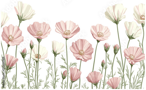 Pink and white flowers with green stems, illustrated in intricate sketchy engraving style, bringing 2080s cosmos to life with delicate botanical artistry