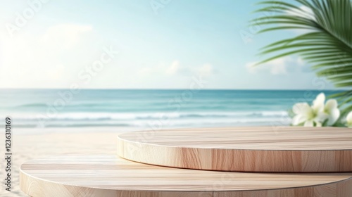 Beautiful Beach View With a Wooden Platform Surrounded by Palm Trees and Tropical Flowers During a Sunny Day