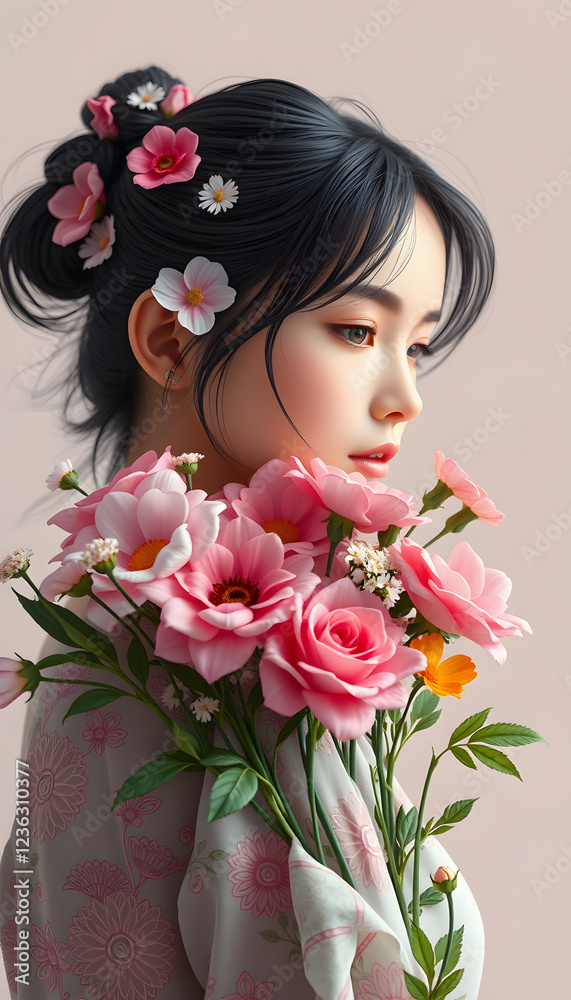 Design of female with flowers flowers bouquet against, 8k photorealism. isolated with white shades Design of female with flowers flowers bouquet against, 8k photorealism. isolated with white shades