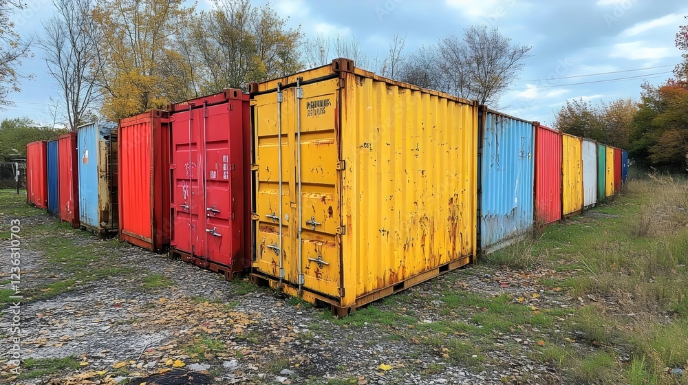 A row of old, rusted shipping containers are lined up in a field A row of old, rusted shipping containers are lined up in a field