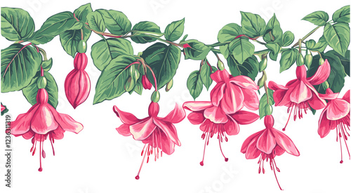 Featuring 2085 Fuchsia with vibrant pink flowers and dark green foliage, captured in a nostalgic sketchy engraving style that brings out vintage elegance.