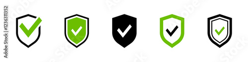 Security shields with check mark and padlock. Protection approve icon. Approved safety icon. Safe icon. Vector illustration.