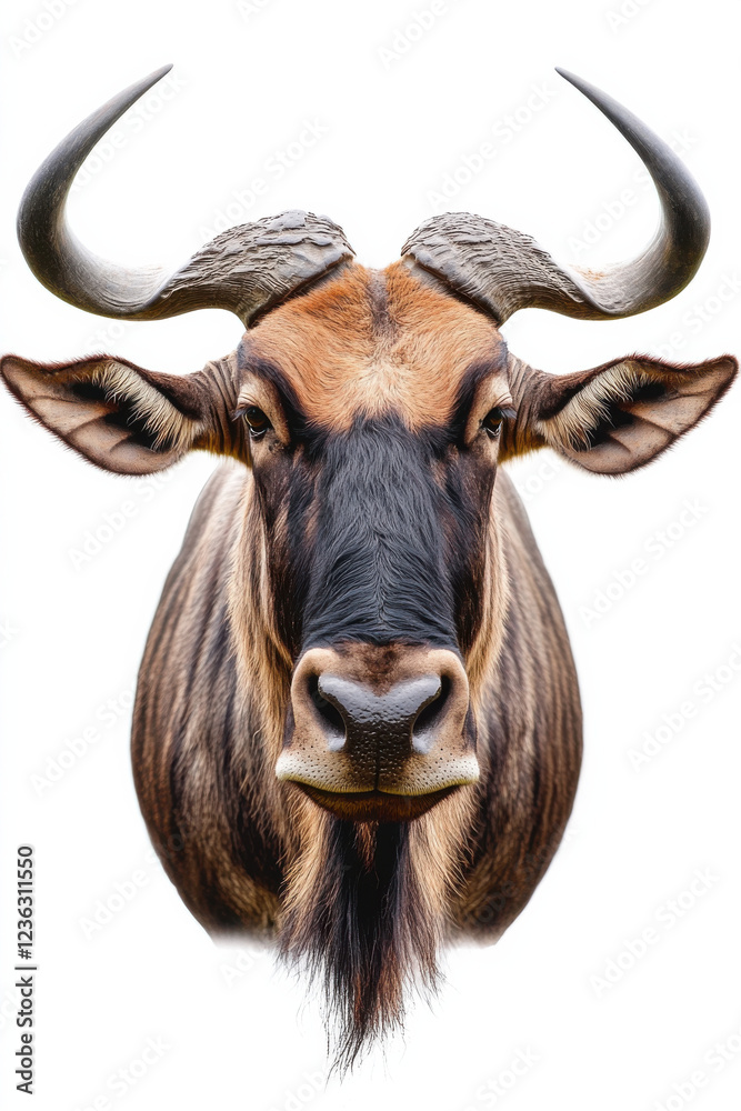 Wildebeest with its rugged features on a white background, ideal for safari themes Wildebeest with its rugged features on a white background, ideal for safari themes