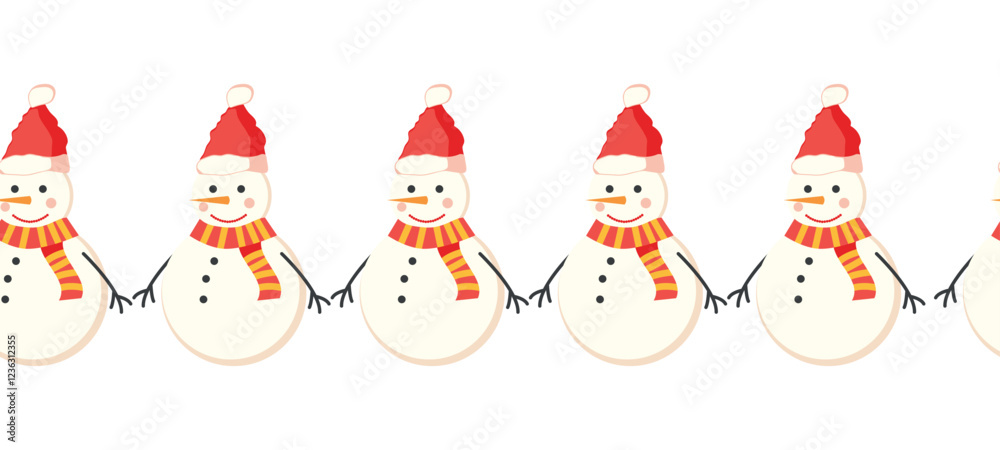 Merry Christmas seamless horizontal banner with candles, gnomes, Christmas wreath, snowman, mittens, cocoa mug. Flat illustration Merry Christmas seamless horizontal banner with candles, gnomes, Christmas wreath, snowman, mittens, cocoa mug. Flat illustration